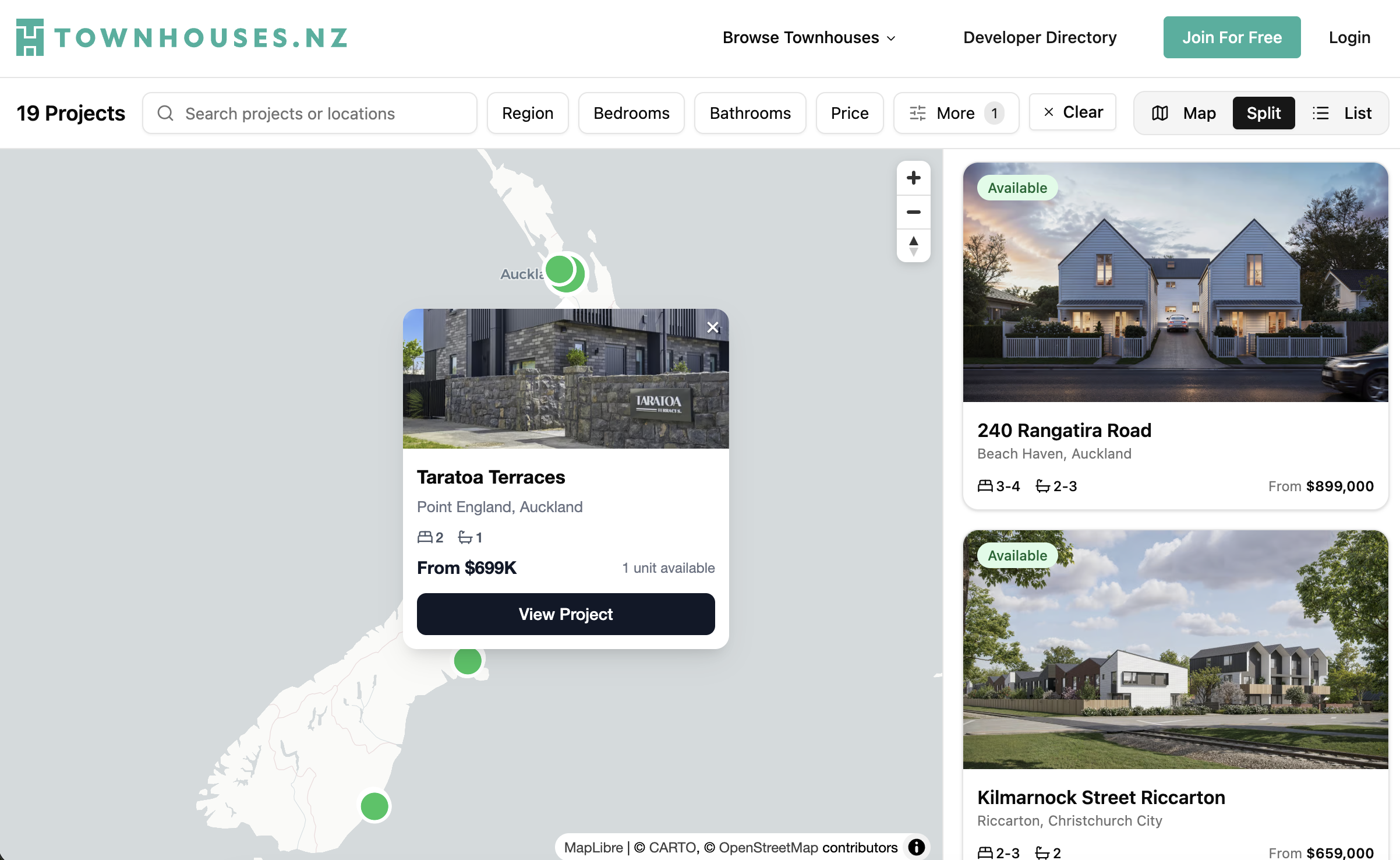 Townhouses.nz interactive map showing developments across New Zealand